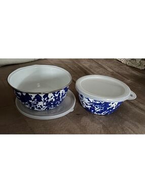 Set of 2 Colbalt Blue Marbled Enamel Bowls with Lids